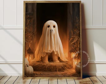 Puede incluir: Una impresión artística enmarcada que muestra a un perro cubierto con una sábana blanca para parecer un fantasma, sentado sobre un lecho de heno. La escena es oscura y de tonos cálidos, con tallos de maíz, linternas y calabazas. Texto Silverwood Friends.