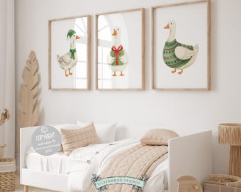 Set of 3 Sage Green Christmas Goose Nursery Prints, Silly Goose Nursery Decor, Geese Digital Download Print