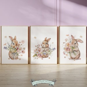 Bunny Nursery Prints, Floral Bunny Nursery Wall Art, Wildflower Nursery Decor, Girl Nursery Prints, Bunny Wildflower Nursery Digital Print immagine 5