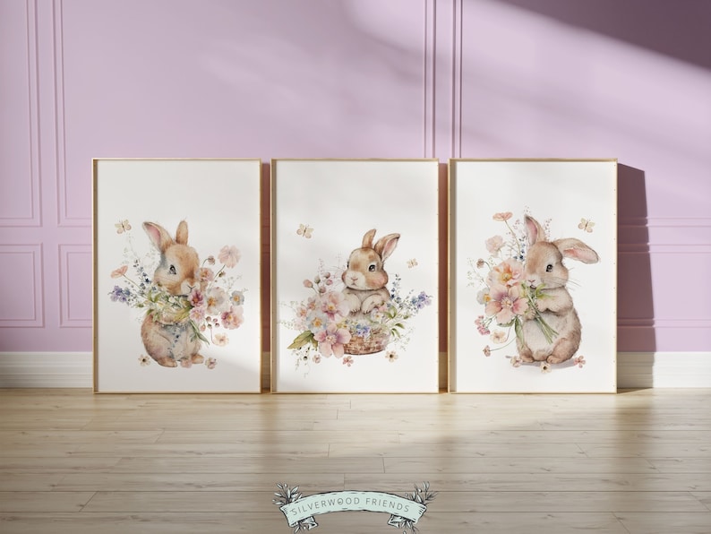 Bunny Nursery Prints, Floral Bunny Nursery Wall Art, Wildflower Nursery Decor, Girl Nursery Prints, Bunny Wildflower Nursery Digital Print immagine 5