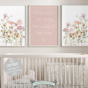 Girls Affirmation Wildflower Nursery Prints, Boho Floral Wildflower Nursery Wall Art, I Am Loved Positive Affirmations Poster Digital Print