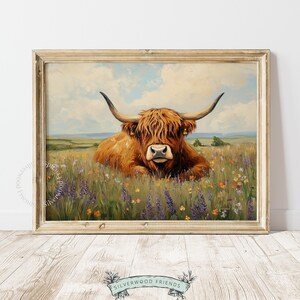 Highland Cow Wildflower Meadow Oil Painting Print, Rustic Farmhouse Country Cow Wall Decor (Digital Download) 55