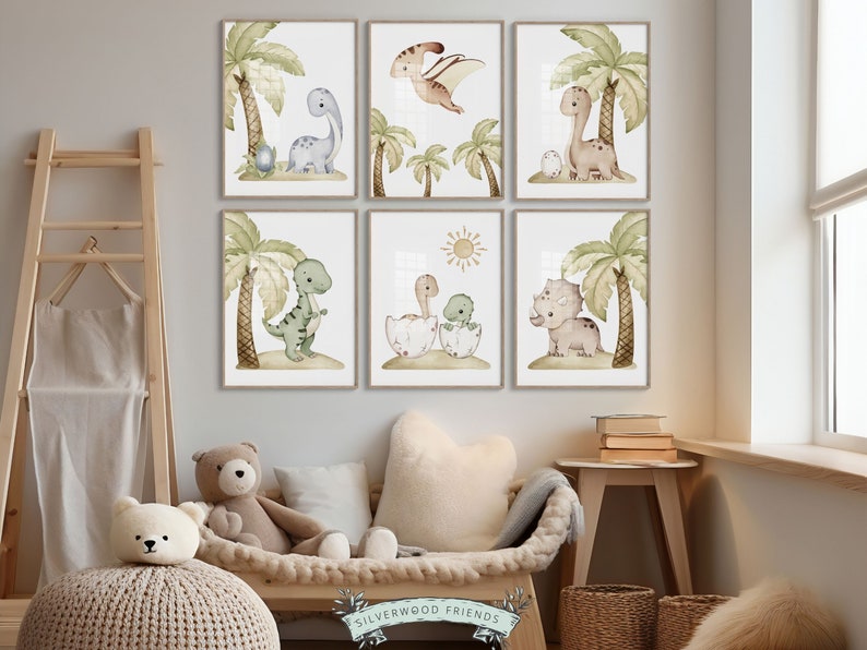 Dinosaur Jungle Nursery Prints, Baby Boy Dinosaur Green Nursery Decor