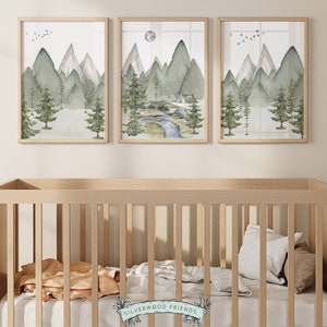 Set of 3 Mountain Print Set, Mountain Nursery Print, Sage Green Nursery Wall Art, Woodland Forest Nursery Theme, Woodsy Nature Nursery Decor immagine 7