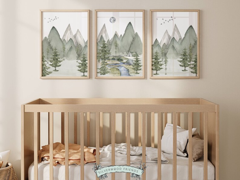 Set of 3 Mountain Print Set, Mountain Nursery Print, Sage Green Nursery Wall Art, Woodland Forest Nursery Theme, Woodsy Nature Nursery Decor immagine 7