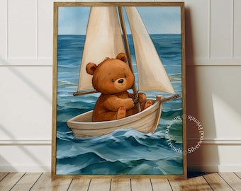 Könnte beinhalten: Ein gerahmter Kunstdruck mit einem braunen Bären, der in einem kleinen Holzsegelboot auf blauen Meereswellen sitzt. Das Segelboot hat weiße Segel und einen Mast. Der Text Silverwood Friends ist als kreisförmiges Wasserzeichen rechts sichtbar.