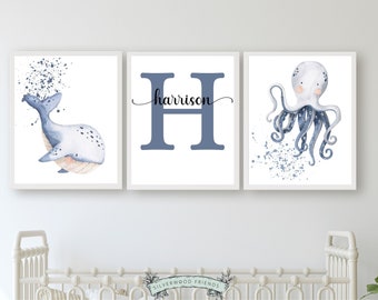 Custom Baby Name Sealife Nursery Print, Watercolor Whale Octopus, Ocean Themed Nursery, Custom Birth Print, Sea Themed Nursery, Sea Animals