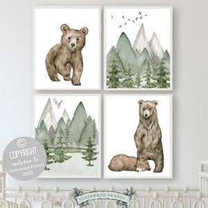Bear Nursery Decor Prints, Woodland Mountain Nursery Decor, Bear Nursery Wall Art, Teddy Bear Nursery Print, Kids Room Decor Digital Print