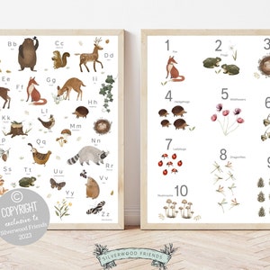 Wald Alphabet Poster, Wald Kinderzimmer Dekor, Waldtiere ABC Alphabet druckbare Poster, Wald Zahlen Druck, Natur Kindergarten Drucke