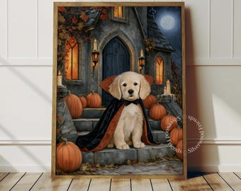 Könnte beinhalten: Ein gerahmter Kunstdruck mit einem Golden Retriever Welpen, der einen schwarz-orangen Vampirumhang trägt. Der Welpe sitzt auf Steinstufen vor einem dunklen gotischen Haus mit leuchtenden Fenstern, einem Vollmond und mehreren orangefarbenen Kürbissen.