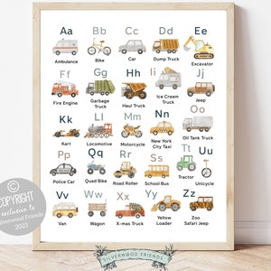 Transport Alphabet Print, Construction Vehicles ABC Print, Boys Nursery Decor, Car Playroom Poster,Homeschool Learning Letters Digital Print