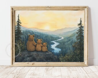 Bear Family Sunset Nursery Print, Mountain River Valley Baby Bear Printable Wall Art (Digital Download) 288