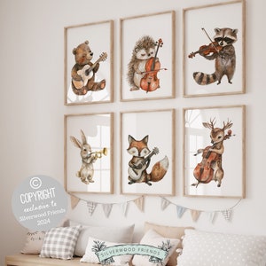 Woodland Musical Animal Nursery Prints, Woodland Music Nursery Decor, Woodland Animals Playing Instruments Nursery Wall Art Digital Print