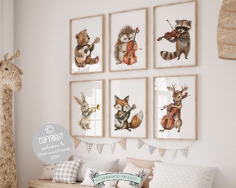 Woodland Musical Animal Nursery Prints, Woodland Music Nursery Decor, Woodland Animals Playing Instruments Nursery Wall Art Digital Print