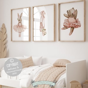 Girls Ballerina Nursery Prints, Baby Girl Ballerina Bear Bunny Nursery Decor, Ballerina Poster Nursery Wall Art,Ballet Bedroom Digital Print