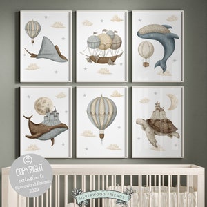 Sea Life Hot Air Balloon Nursery Prints, Fairytale Magic Kingdom Nursery, Ocean Sky Theme Nursery, Whales In The Sky, Whale Moon Wall Decor