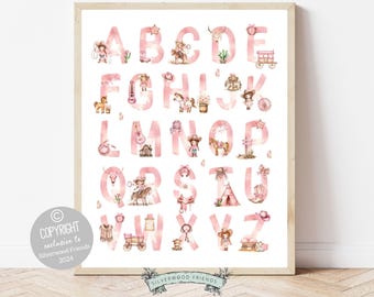 Cowgirl Alphabet Nursery Print, Pink Western Decor (Digital Download)