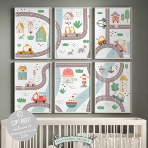 Transport Vehicle Nursery Prints, Boys Car Theme Nursery Decor, Toddler Truck Playroom Poster, Boys Police Car Map Nursery Digital Prints