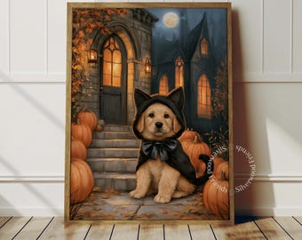 Puede incluir: Una impresión de arte mural enmarcada que muestra a un cachorro golden retriever con una capa negra con capucha y lazo, sentado en escalones de piedra frente a una casa gótica oscura de noche con luna llena, calabazas y hojas de otoño.