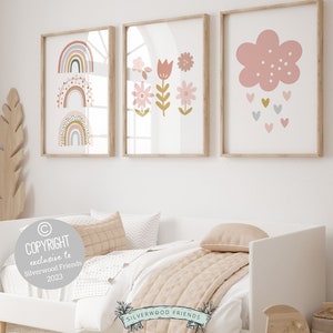 Boho Rainbow Nursery Prints, Baby Girl Boho Wildflower Nursery Decor, Pink Nursery Wall Art, Baby Girl Rainbow Bedroom Decor Digital Prints