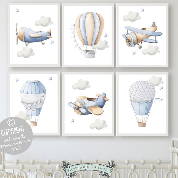 Baby Boy Nursery Prints, Transport Theme Nursery Wall Art, Watercolor Hot Air Balloon Nursery,Kids Adventure Nursery Printable Digital Print