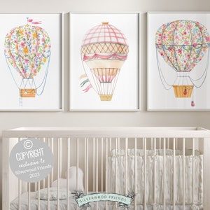 Pink Hot Air Balloon Nursery Prints, Nursery Wall Art, Girl's Nursery Decor, Trendy Dorm Room Wall Decor, Baby Girl Nursery Digital Prints
