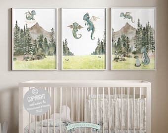 Baby Dragon Nursery Prints, Dragon Nursery Decor, Dragon Nursery Wall Art, Dragon Baby Shower, Woodland Forest Nursery Decor Digital Prints