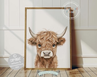 Peeking Highland Cow Nursery Print, Baby Highland Cow Nursery Decor Gift, Gender Neutral Baby Farm Animal Nursery Wall Decor Digital Print