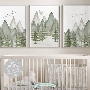 Set of 3 Mountain Print Set, Mountain Nursery Print, Sage Green Nursery Wall Art, Forest Nursery Theme, Woodsy Nursery Decor, Woodland Print