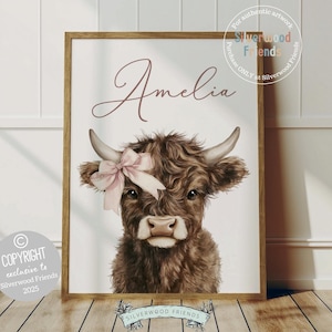 Peeking Highland Cow Nursery Print, Baby Girl Pink Highland Cow Nursery Decor, Highland Cow Wall Art Gifts, Watercolor Cow Digital Print