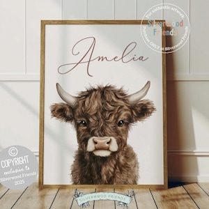 Baby Highland Cow Nursery Print, Baby Girl Highland Cow Nursery Decor, Highland Cow Baby Shower Wall Art Gift , Watercolor Cow Digital Print