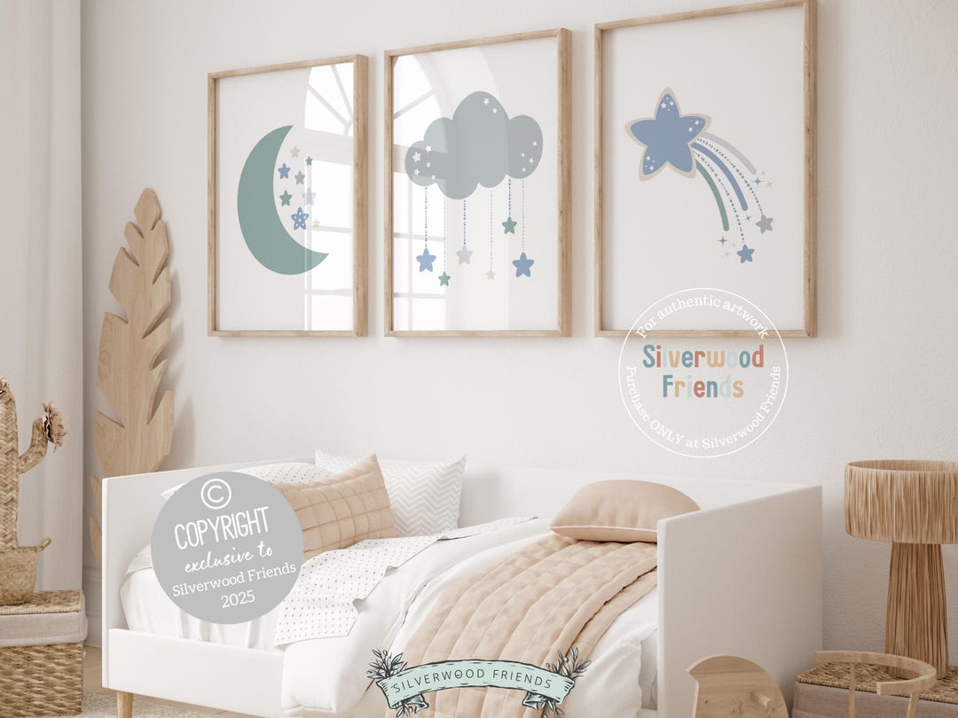 Cloud Moon Stars Nursery Prints, Boys Outer Space Nursery Decor, Boho ...