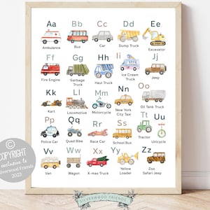 Transport Alphabet Print, Construction Vehicles ABC Print, Boys Nursery Decor, abc Playroom Poster,Homeschool Learning Letters Digital Print