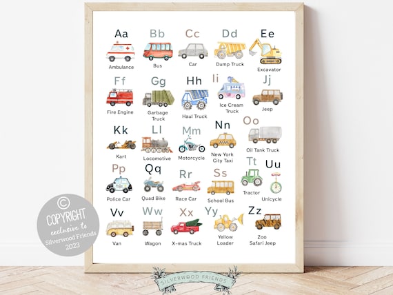 Transport Alphabet Print, Construction Vehicles ABC Print, Boys Nursery Decor, abc Playroom Poster,Homeschool Learning Letters Digital Print