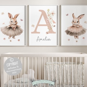 Lámina original de conejito para habitación de bebé, regalo para niña, decoración de guardería con flores silvestres, arte de pared de conejito bailarina, impresión digital floral de ballet