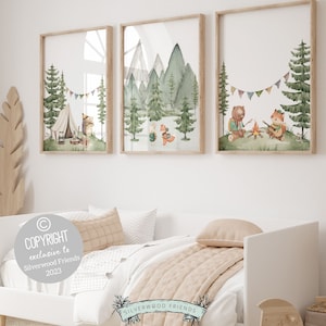 Camping Nursery Prints, Woodland Hiking Nursery Decor, Bear Nursery Wall Art, Nature Nursery Picture, Forest Mountains Nursery Digital Print