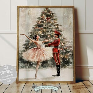 May include: A watercolour painting of a ballerina in a pink tutu dancing with a toy soldier in a red uniform. They are standing in front of a large Christmas tree with snow falling around them.