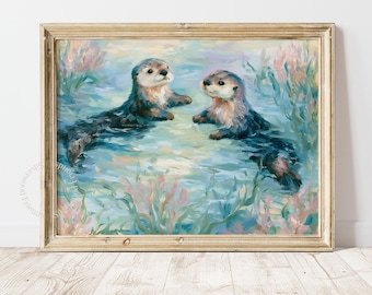 May include: A framed oil painting depicting two brown otters swimming in light blue water surrounded by soft pink and green aquatic plants. The artwork features visible brushstrokes and is enclosed in a weathered light brown wooden frame.