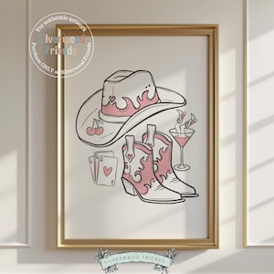 Pink Cowgirl Hat Print, Cowgirl Boots Print, Martini Print, Bar Cart Art Coquette Room Decor, Teen Girl Western Dopamine Decor Digital Print