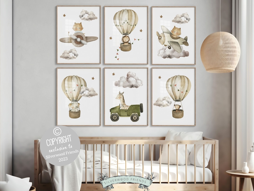 Hot Air Balloon Nursery Prints, Safari Animal Nursery Decor, Neutral ...