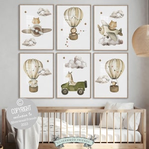 May include: Set of six printable nursery art prints featuring cute animals in hot air balloons and aeroplanes. The prints have a watercolour style and feature a neutral colour palette of brown, green, and white.
