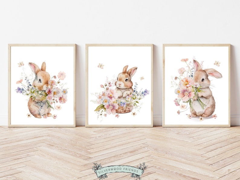 Bunny Nursery Prints, Floral Bunny Nursery Wall Art, Wildflower Nursery Decor, Girl Nursery Prints, Bunny Wildflower Nursery Digital Print immagine 10