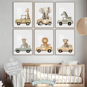 Safari Animal Car Nursery Prints, Jungle Animal Car Nursery Decor, Boys Toddler Room Safari Nursery Decor, Transport Nursery Digital Print