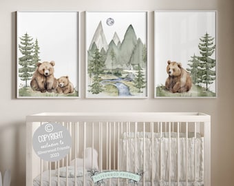 Baby Bear Nursery Print, Bear Nursery Decor, Mountain Nursery Decor, Forest Bear Nursery Wall Art, Woodland Camping Nursery Decor, Digital