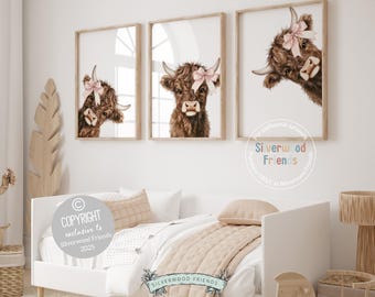 Peeking Highland Cow Nursery Print, Highland Cow Nursery Decor, Highland Cow Wall Art, Farm Bedroom Wall Decor, Watercolor Cow Digital Print