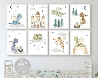 Baby Dragon Nursery Prints, Boys Dragon Nursery Decor, Fairytale Fantasy Nursery Wall Art, Dragon Baby Shower Gift, Kids Instant Download