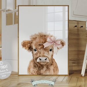 Highland Cow Nursery Print, Baby Girl Highland Cow Nursery Decor, Highland Cow Gift Kids Farm Room Wall Decor, Watercolor Cow Digital Print