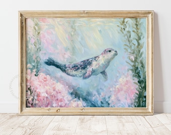 May include: An oil painting in a gold frame depicting a spotted seal swimming underwater. The scene features soft brushstrokes in shades of blue, pink, and green, with vertical seaweed stalks and light filtering through the water surface above.