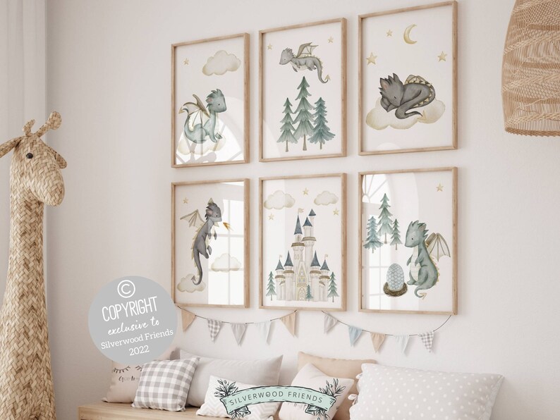 Set of 6 Baby Dragon Nursery Prints, Dragon Nursery Decor, Fairytale ...