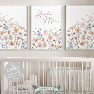 Arte de pared para guardería con flores silvestres, decoración de guardería con flores silvestres en rosa y azul, impresiones de guardería con flores silvestres para niñas, impresión digital con campo de flores silvestres